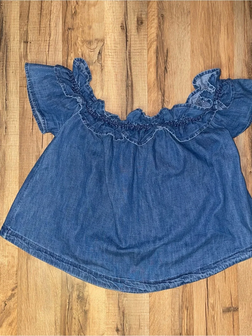 Free People Ruffle Denim Short Sleeve Blouse